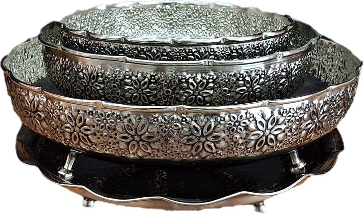 ست 4 تکه ظروف پذیرایی سه پایه مسی با روکش کروم مدل گلبرگ